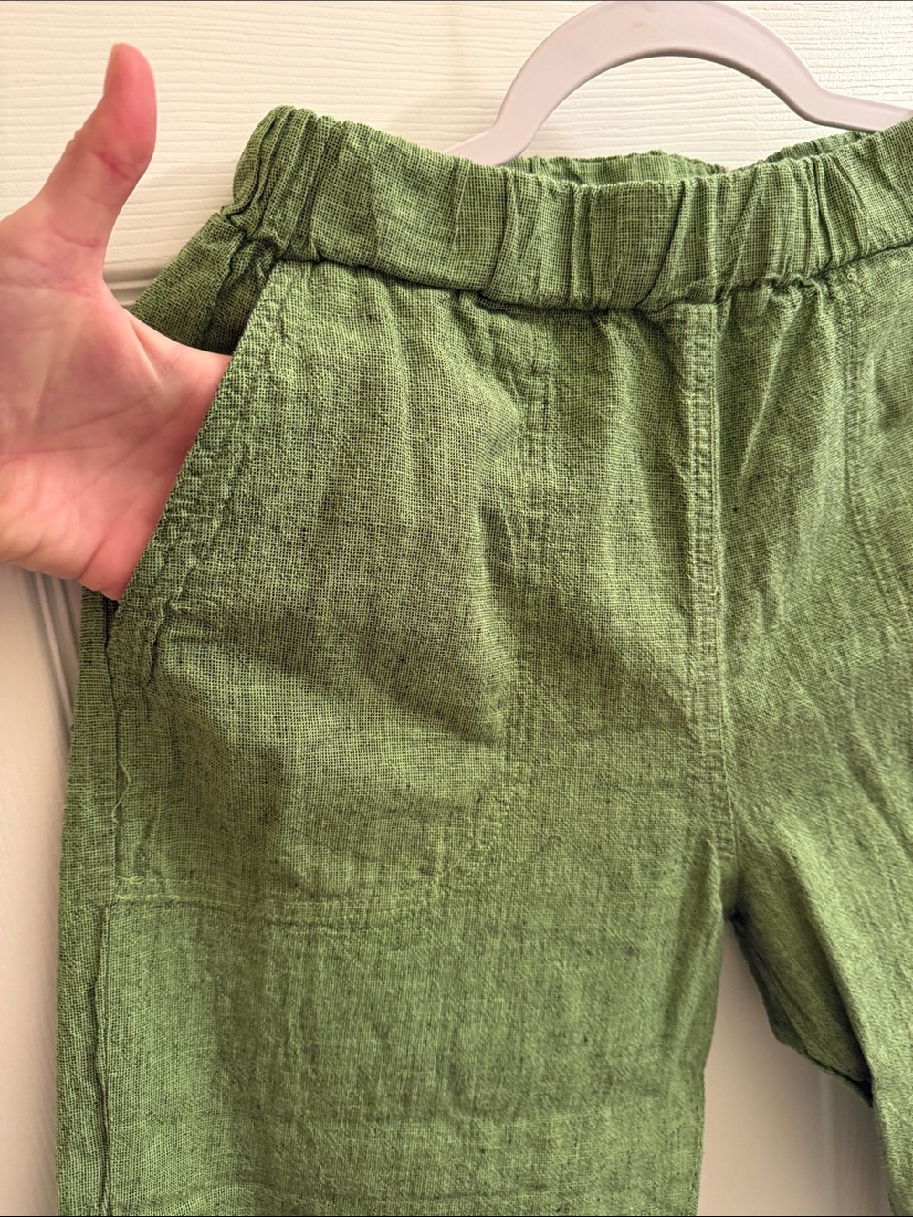 cut loose Olive Green Elastic-Waist linen pants - Picture 9 of 12